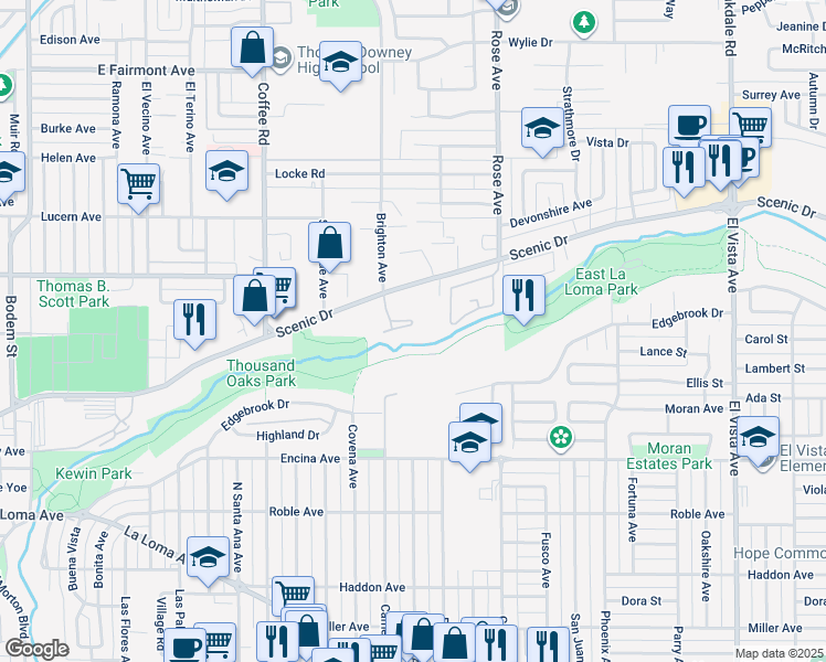map of restaurants, bars, coffee shops, grocery stores, and more near 1500 Scenic Drive in Modesto