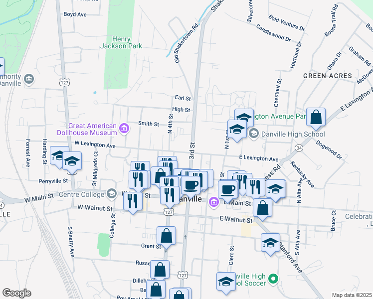 map of restaurants, bars, coffee shops, grocery stores, and more near 305 North 3rd Street in Danville
