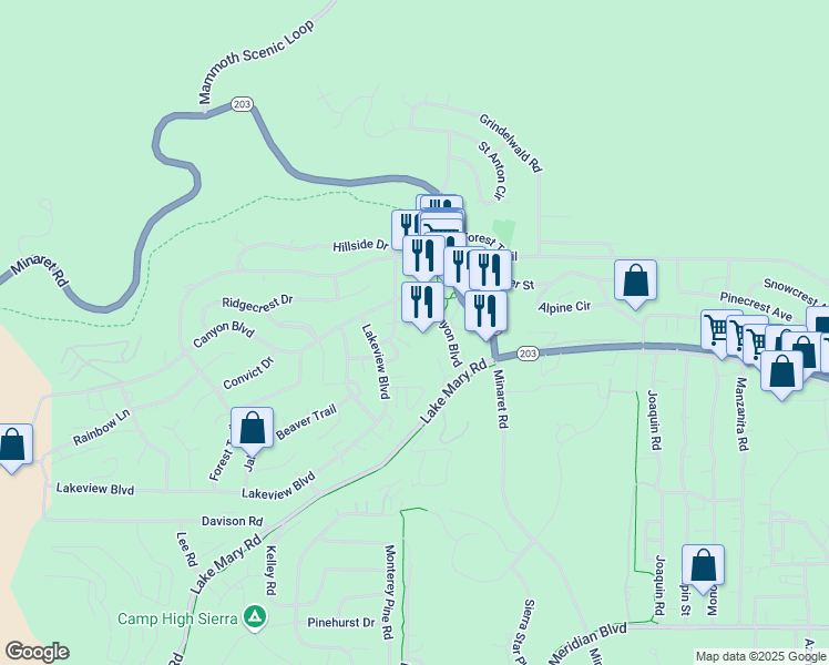 map of restaurants, bars, coffee shops, grocery stores, and more near 5 Canyon Boulevard in Mammoth Lakes