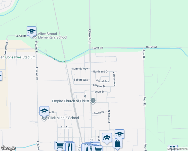 map of restaurants, bars, coffee shops, grocery stores, and more near 5008 Inland Avenue in Modesto