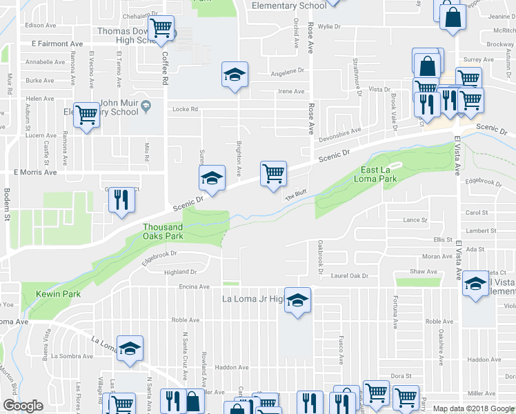 map of restaurants, bars, coffee shops, grocery stores, and more near 1500 Scenic Drive in Modesto