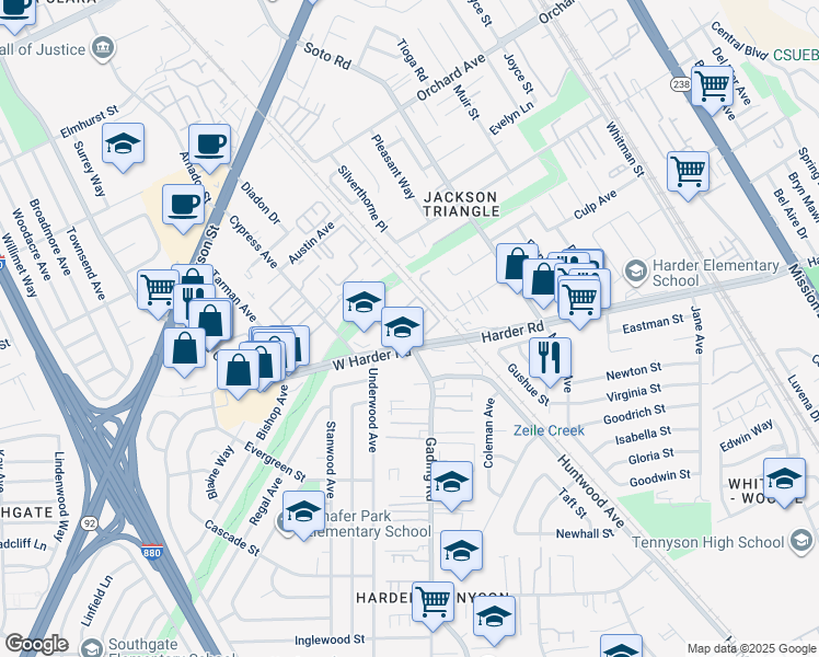 map of restaurants, bars, coffee shops, grocery stores, and more near 166 West Harder Road in Hayward