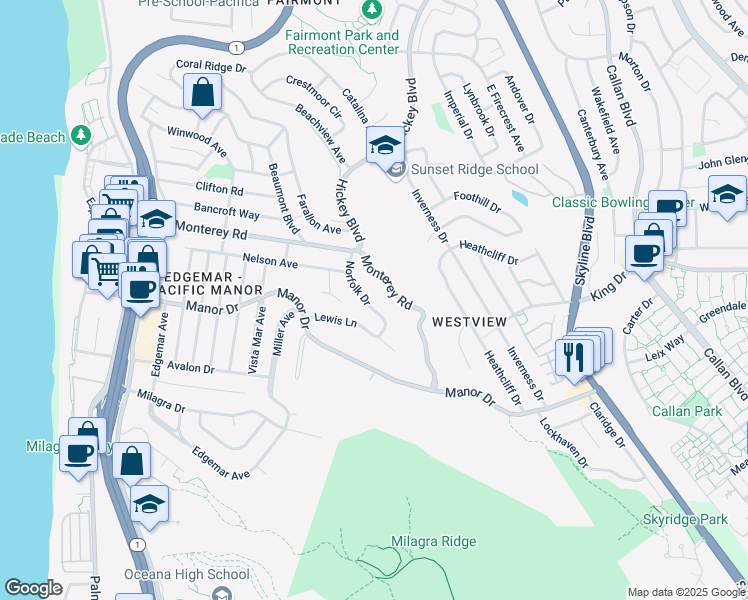 map of restaurants, bars, coffee shops, grocery stores, and more near 441 Lewis Lane in Pacifica