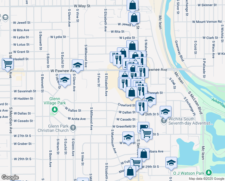 map of restaurants, bars, coffee shops, grocery stores, and more near 1300-1498 Crawford Street in Wichita