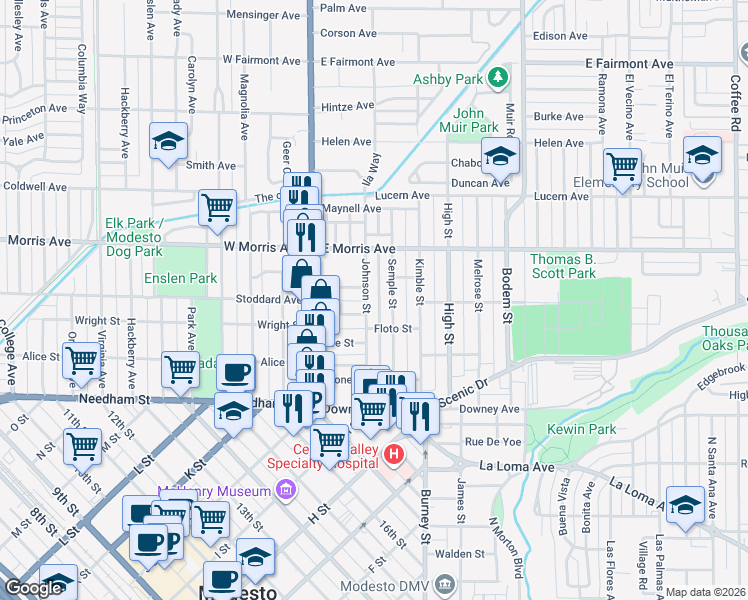map of restaurants, bars, coffee shops, grocery stores, and more near 326 Johnson Street in Modesto