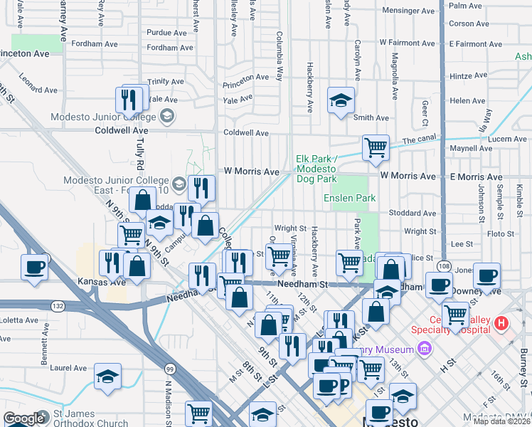 map of restaurants, bars, coffee shops, grocery stores, and more near 230 Olive Avenue in Modesto