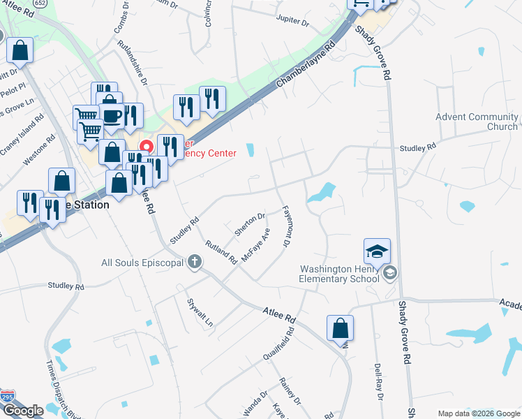 map of restaurants, bars, coffee shops, grocery stores, and more near 8327 Sherton Drive in Mechanicsville
