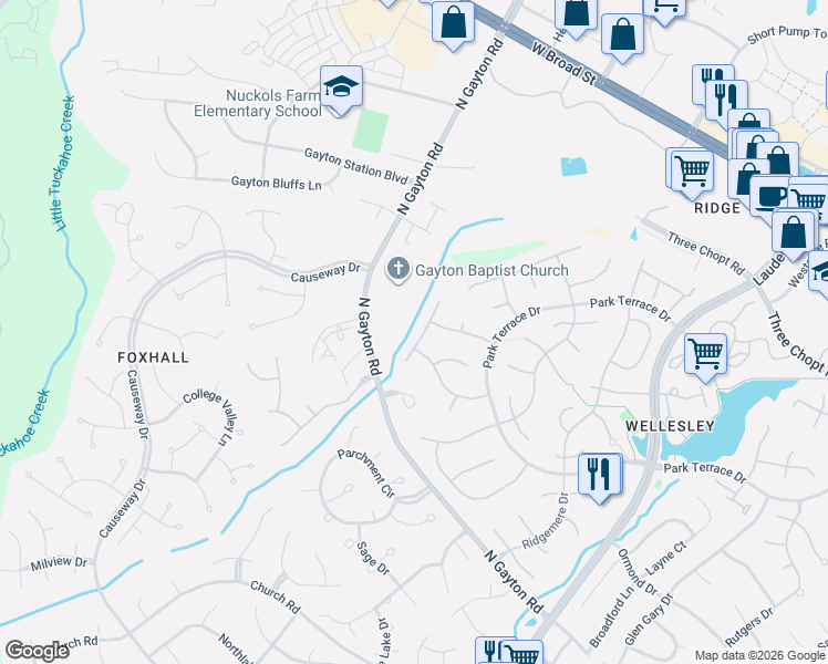 map of restaurants, bars, coffee shops, grocery stores, and more near 3705 Blue Lake Drive in Richmond
