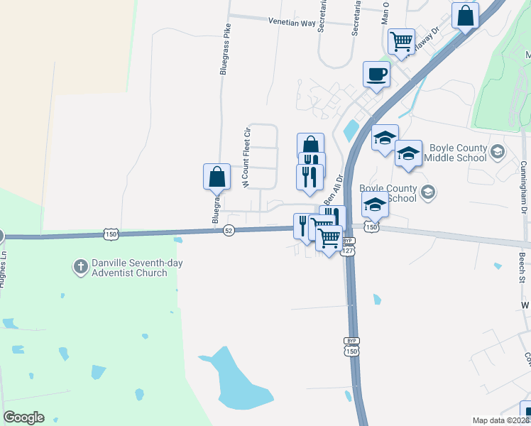 map of restaurants, bars, coffee shops, grocery stores, and more near 724 Gallant Fox in Danville