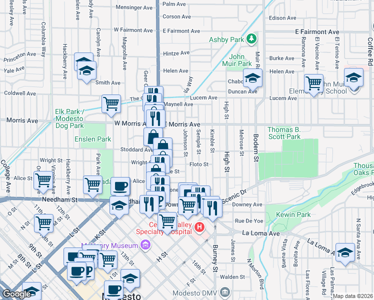 map of restaurants, bars, coffee shops, grocery stores, and more near 324 Johnson Street in Modesto