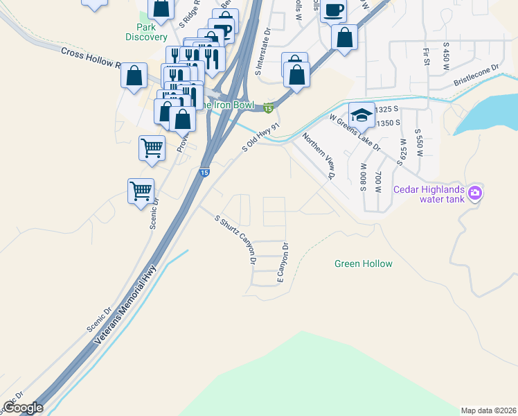 map of restaurants, bars, coffee shops, grocery stores, and more near 1572 West Canyon Drive in Cedar City