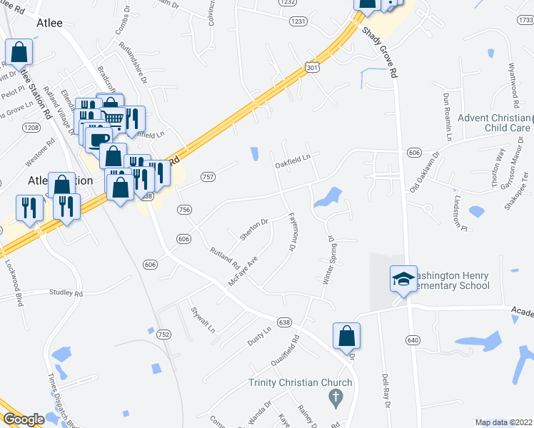 map of restaurants, bars, coffee shops, grocery stores, and more near 8312 Sherton Drive in Mechanicsville