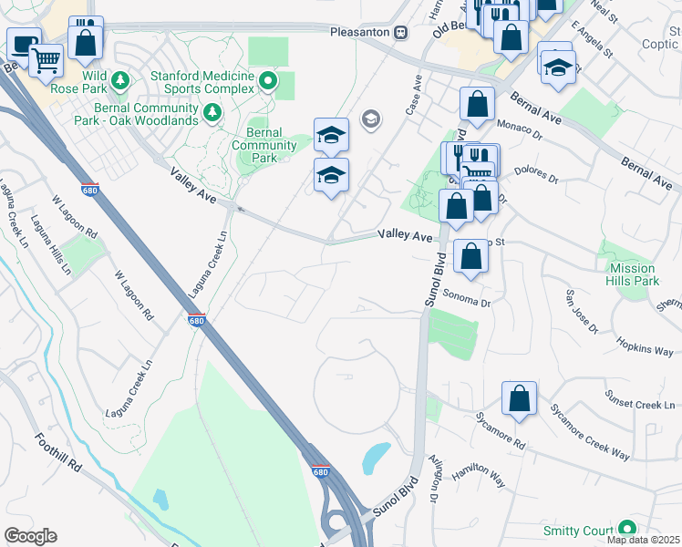 map of restaurants, bars, coffee shops, grocery stores, and more near 73 East Creek Court in Pleasanton