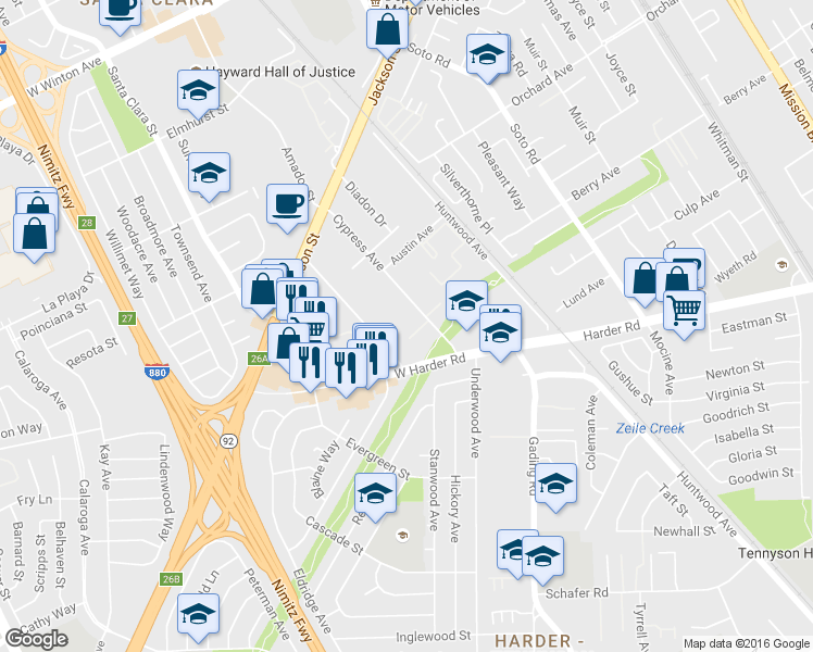 map of restaurants, bars, coffee shops, grocery stores, and more near 25544 Tarman Avenue in Hayward