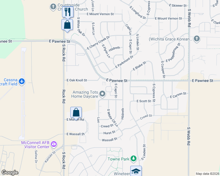 map of restaurants, bars, coffee shops, grocery stores, and more near 2405 South Capri Street in Wichita