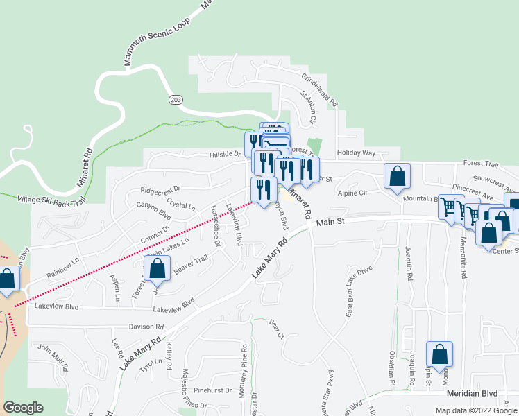 map of restaurants, bars, coffee shops, grocery stores, and more near 99 Canyon Boulevard in Mammoth Lakes