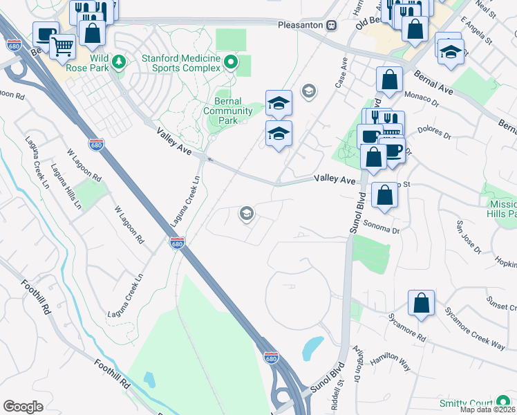 map of restaurants, bars, coffee shops, grocery stores, and more near 5842 Stonecliff Vista Lane in Pleasanton