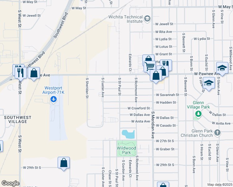 map of restaurants, bars, coffee shops, grocery stores, and more near 2916 West Savannah Street in Wichita