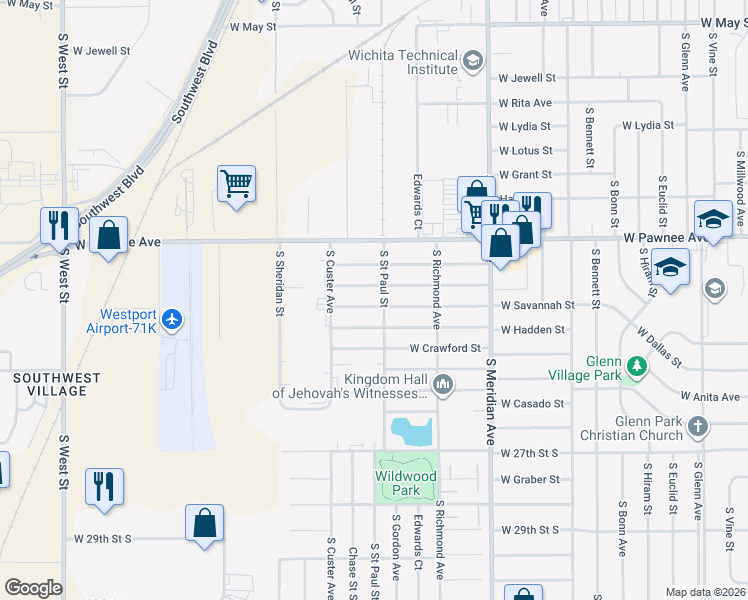 map of restaurants, bars, coffee shops, grocery stores, and more near 2902 West Maxwell Avenue in Wichita