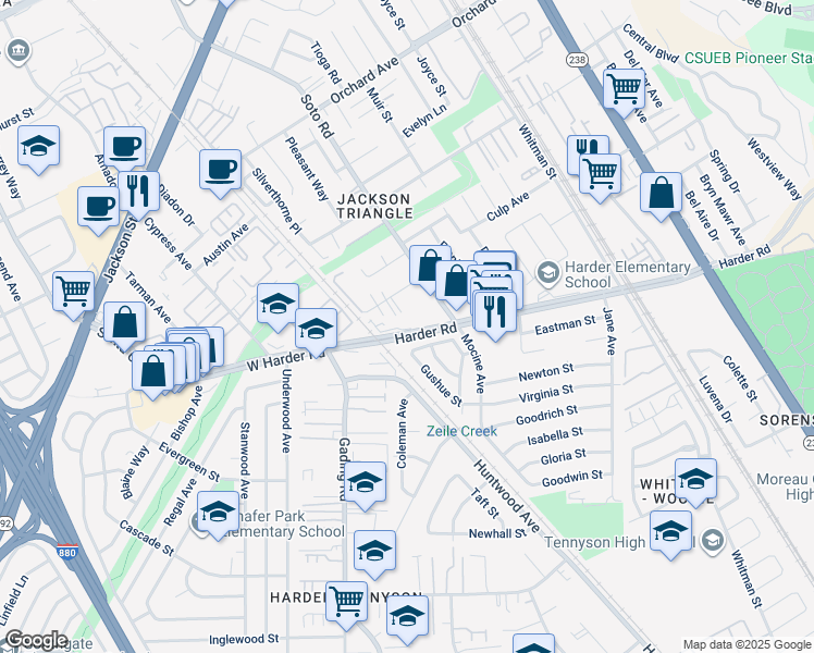 map of restaurants, bars, coffee shops, grocery stores, and more near 6 Harder Road in Hayward