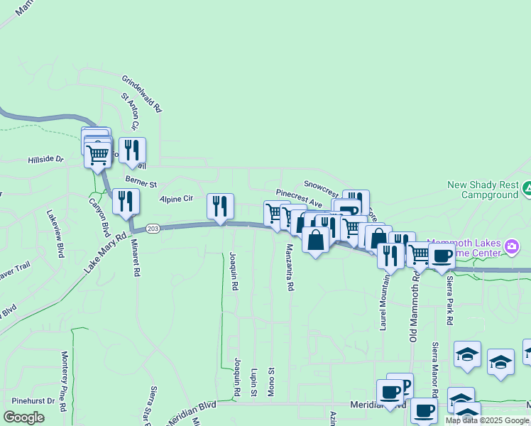 map of restaurants, bars, coffee shops, grocery stores, and more near 64 Mountain Boulevard in Mammoth Lakes