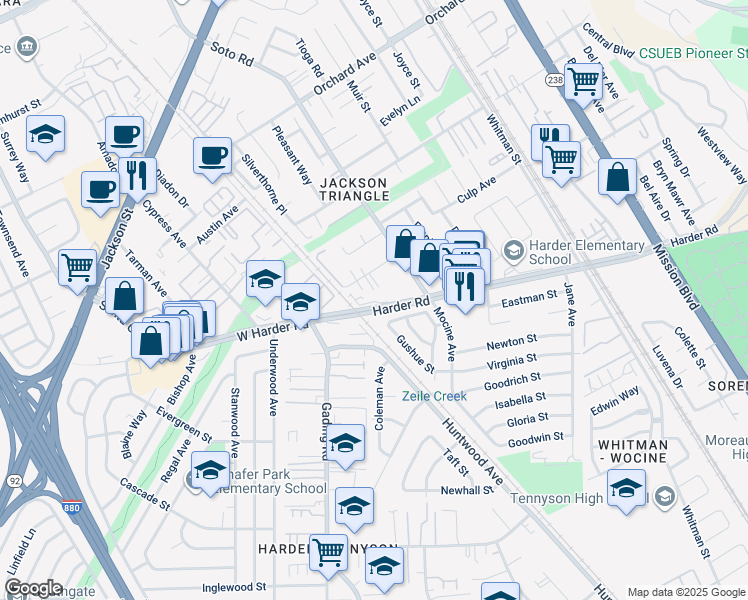 map of restaurants, bars, coffee shops, grocery stores, and more near 163 Lund Avenue in Hayward