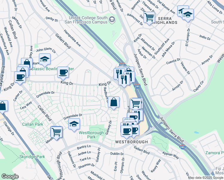 map of restaurants, bars, coffee shops, grocery stores, and more near 3838 Annapolis Court in South San Francisco