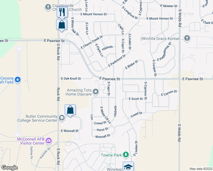 map of restaurants, bars, coffee shops, grocery stores, and more near 101 South Capri Street in Wichita
