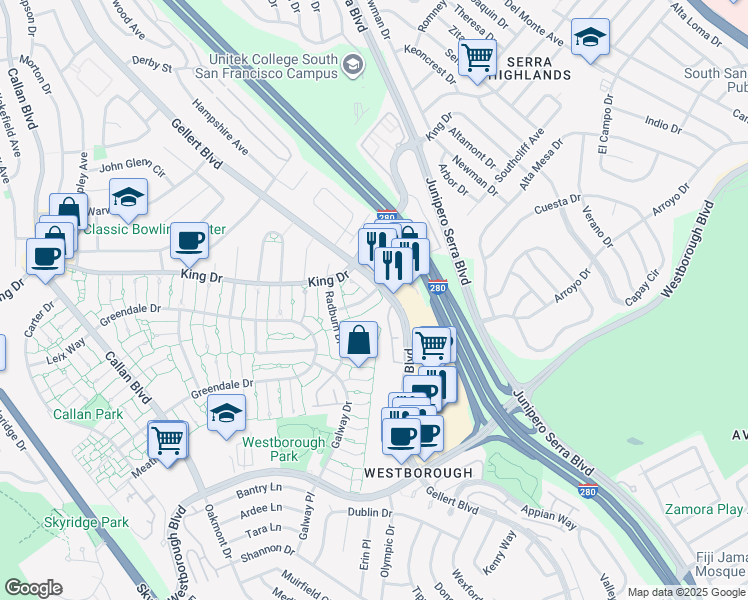 map of restaurants, bars, coffee shops, grocery stores, and more near 2419 Rowntree Way in South San Francisco