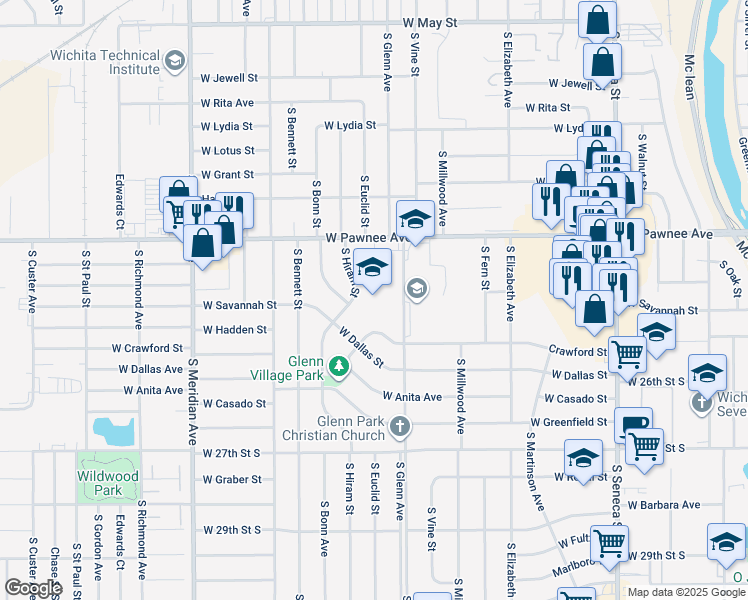 map of restaurants, bars, coffee shops, grocery stores, and more near 2500 South Hiram Street in Wichita