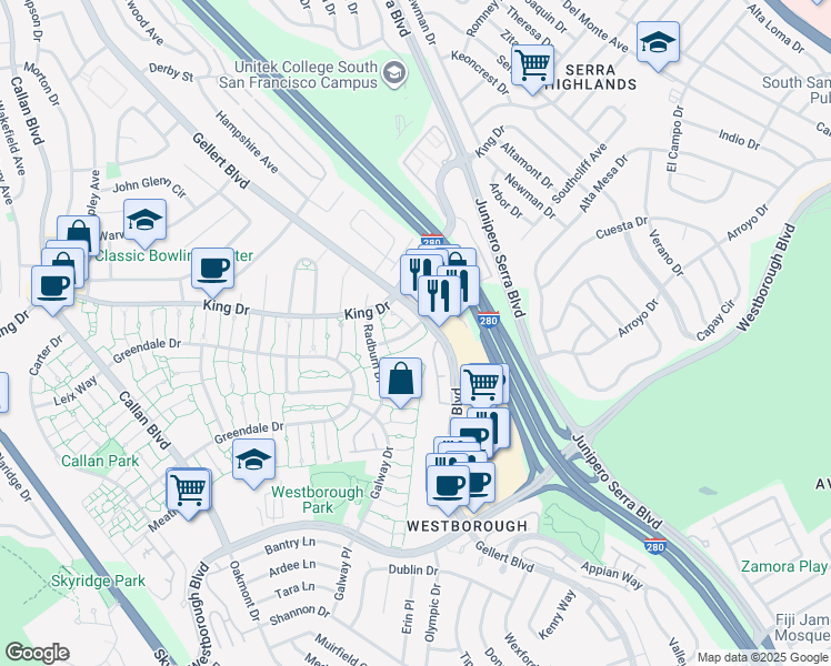 map of restaurants, bars, coffee shops, grocery stores, and more near 2419 Rowntree Way in South San Francisco