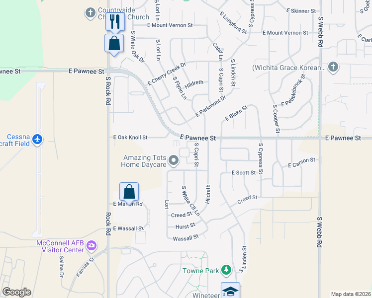 map of restaurants, bars, coffee shops, grocery stores, and more near 2405 South Capri Street in Wichita