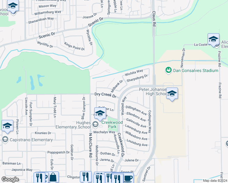 map of restaurants, bars, coffee shops, grocery stores, and more near 3616 Beresford Drive in Modesto