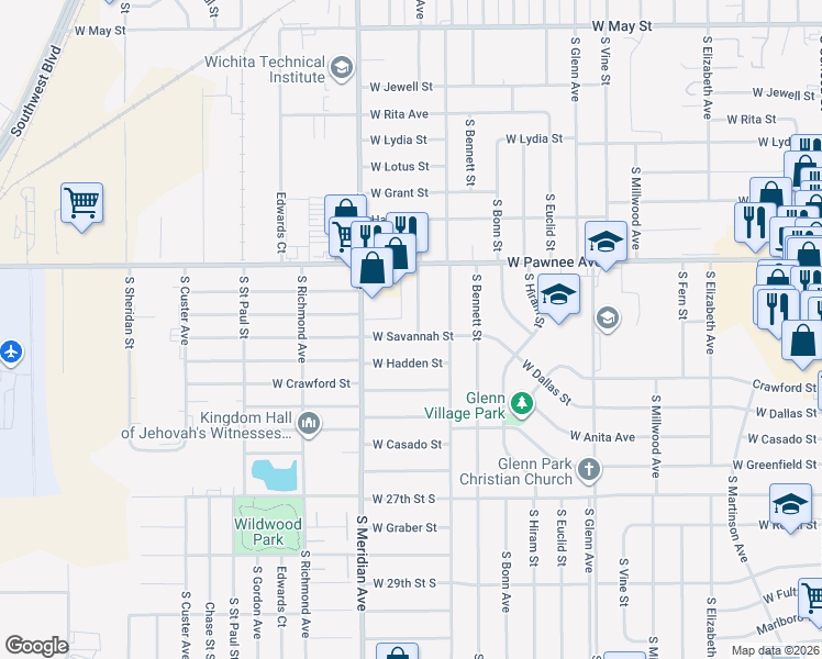 map of restaurants, bars, coffee shops, grocery stores, and more near 2449 South Saint Clair Street in Wichita