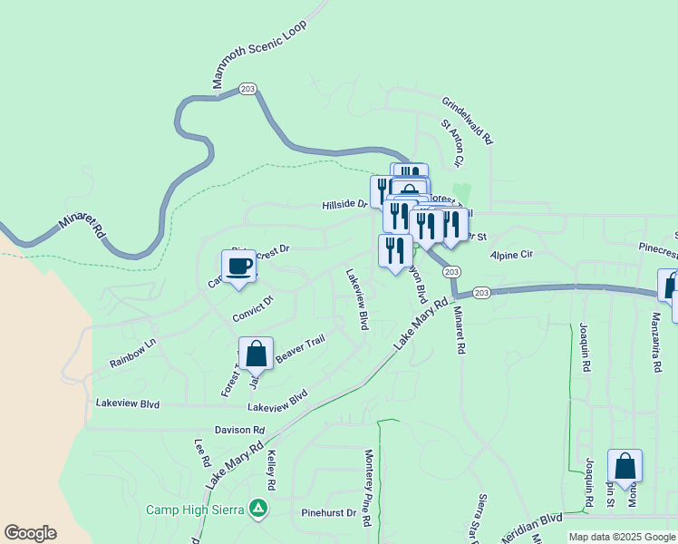map of restaurants, bars, coffee shops, grocery stores, and more near 221 Canyon Boulevard in Mammoth Lakes