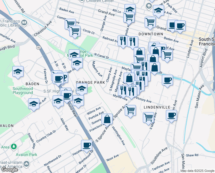 map of restaurants, bars, coffee shops, grocery stores, and more near 137 Cherry Avenue in South San Francisco