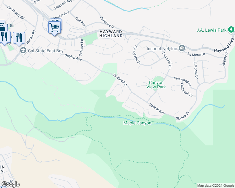 map of restaurants, bars, coffee shops, grocery stores, and more near 2712 Markham Court in Hayward