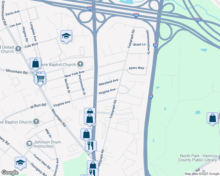 map of restaurants, bars, coffee shops, grocery stores, and more near 1112 Virginia Avenue in Glen Allen