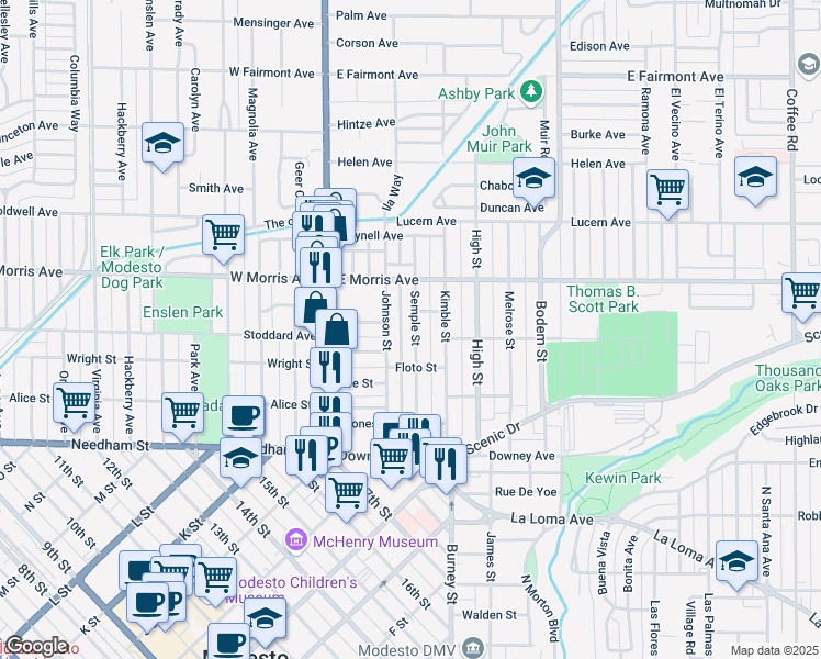 map of restaurants, bars, coffee shops, grocery stores, and more near 331 Semple Street in Modesto