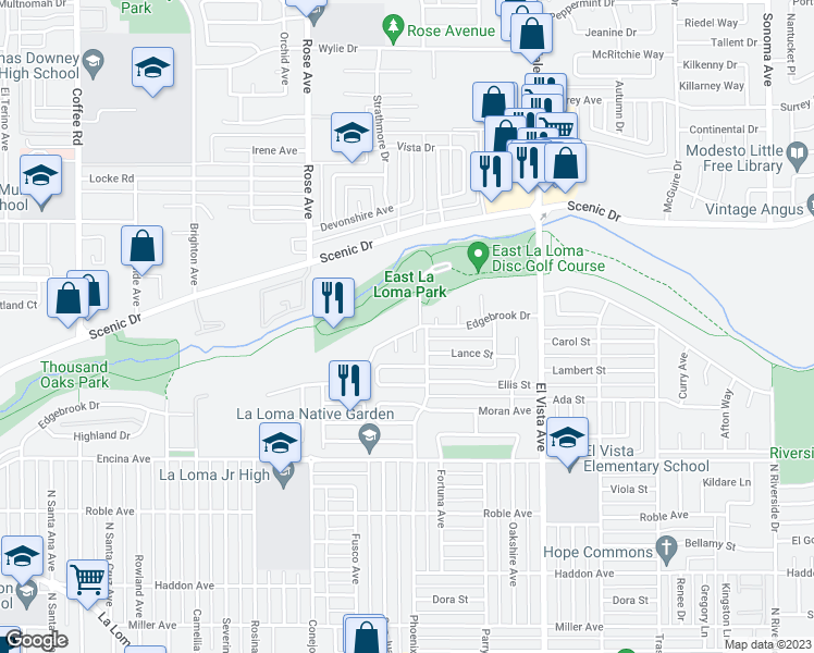 map of restaurants, bars, coffee shops, grocery stores, and more near 1921 Edgebrook Drive in Modesto