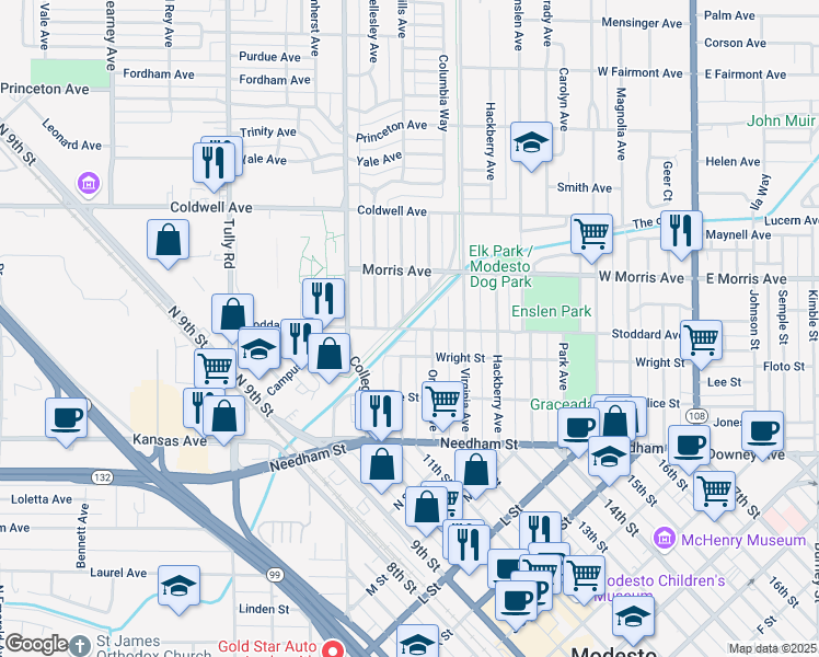map of restaurants, bars, coffee shops, grocery stores, and more near 416 Olive Avenue in Modesto