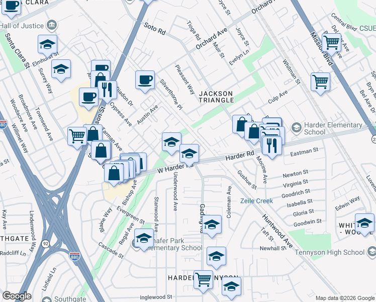 map of restaurants, bars, coffee shops, grocery stores, and more near 25417 Huntwood Avenue in Hayward