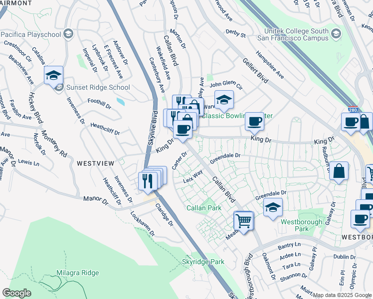 map of restaurants, bars, coffee shops, grocery stores, and more near in South San Francisco
