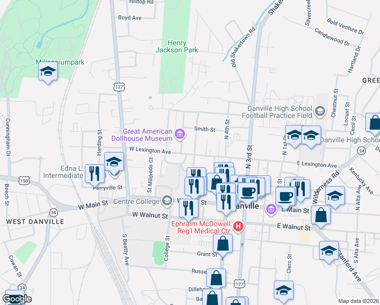 map of restaurants, bars, coffee shops, grocery stores, and more near 323 North 5th Street in Danville