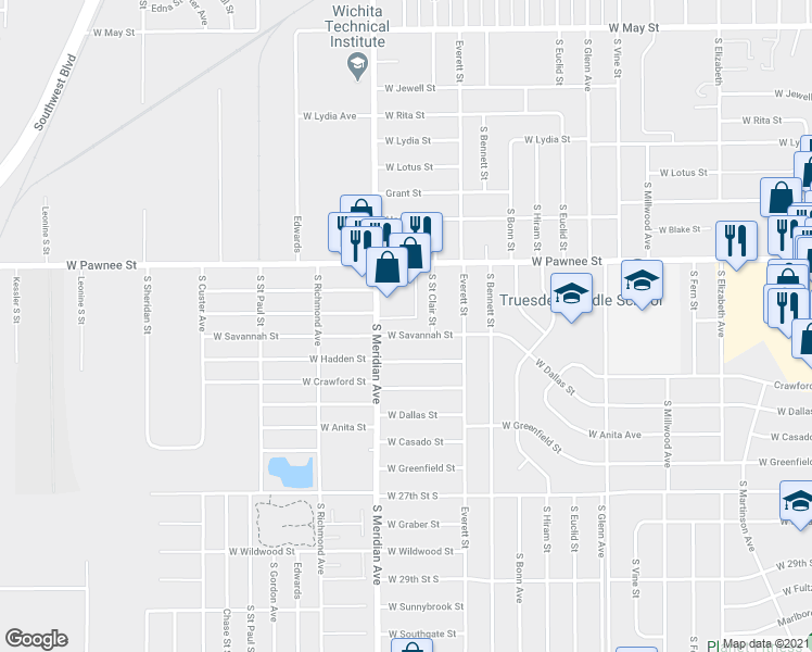 map of restaurants, bars, coffee shops, grocery stores, and more near 2449 South Saint Clair Street in Wichita