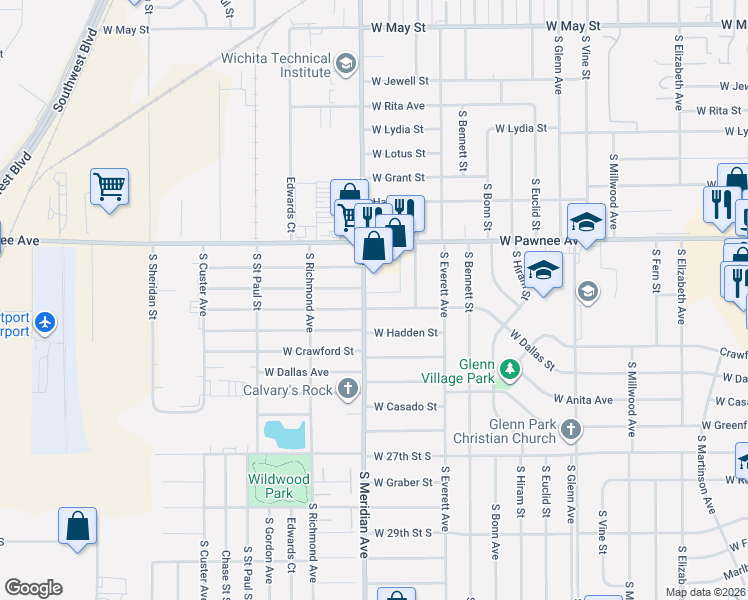 map of restaurants, bars, coffee shops, grocery stores, and more near 2489 South Meridian Avenue in Wichita
