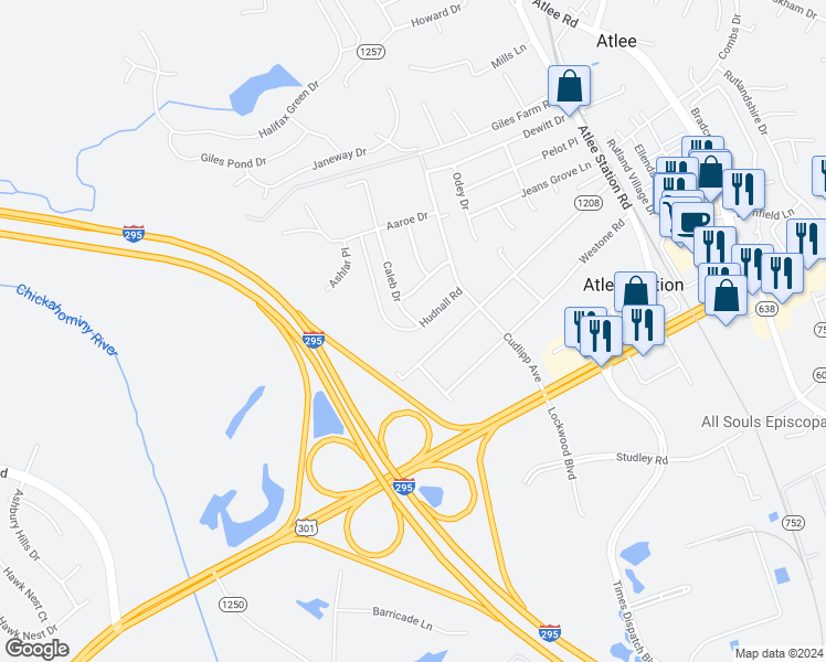 map of restaurants, bars, coffee shops, grocery stores, and more near 9133 Hudnall Road in Mechanicsville