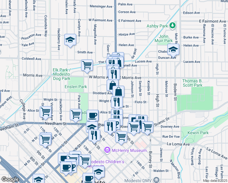 map of restaurants, bars, coffee shops, grocery stores, and more near 118 Elmwood Court in Modesto