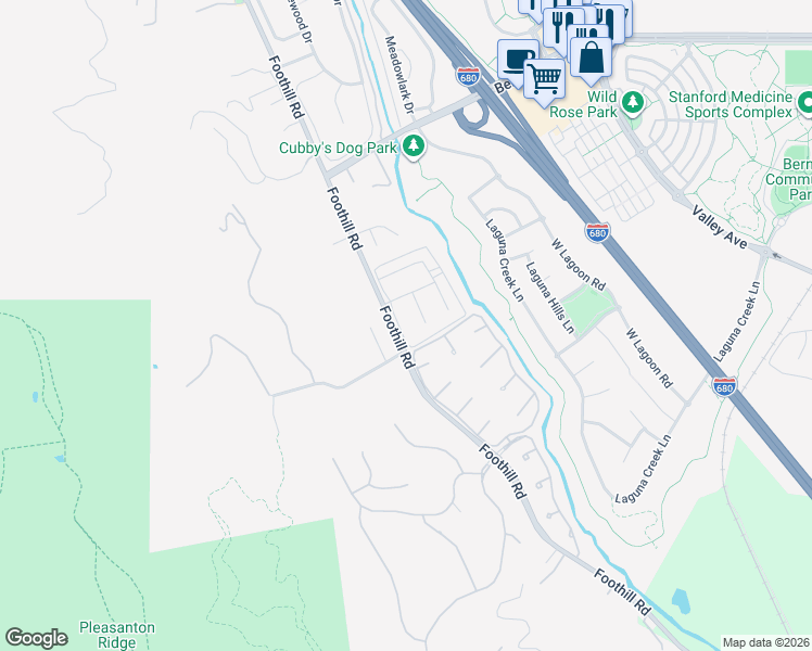 map of restaurants, bars, coffee shops, grocery stores, and more near 2389 Foothill Road in Pleasanton