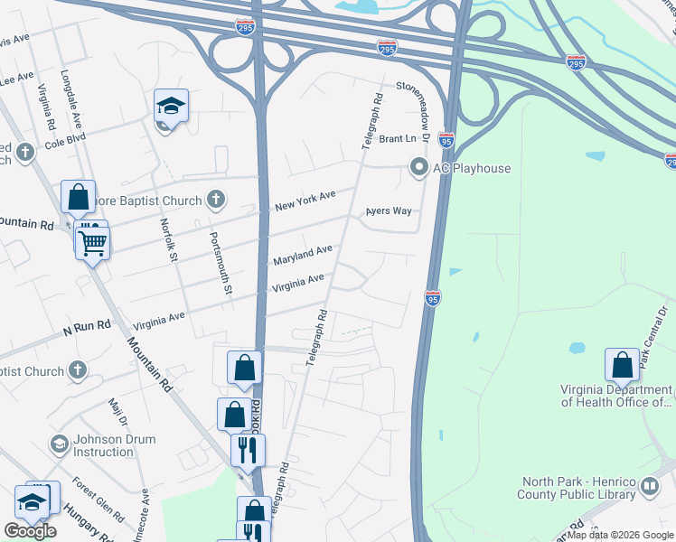 map of restaurants, bars, coffee shops, grocery stores, and more near 1012 Telegraph Woods Drive in Glen Allen